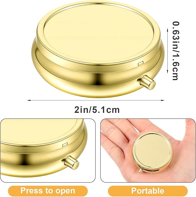 Sibba Small Pill Case, 2Pcs Portable Medicine Box for Purse & Pocket, Dose Pill Organizer Waterproof Metal Pastillero for Vitamins Fish Oil Supplements, Gold Silver