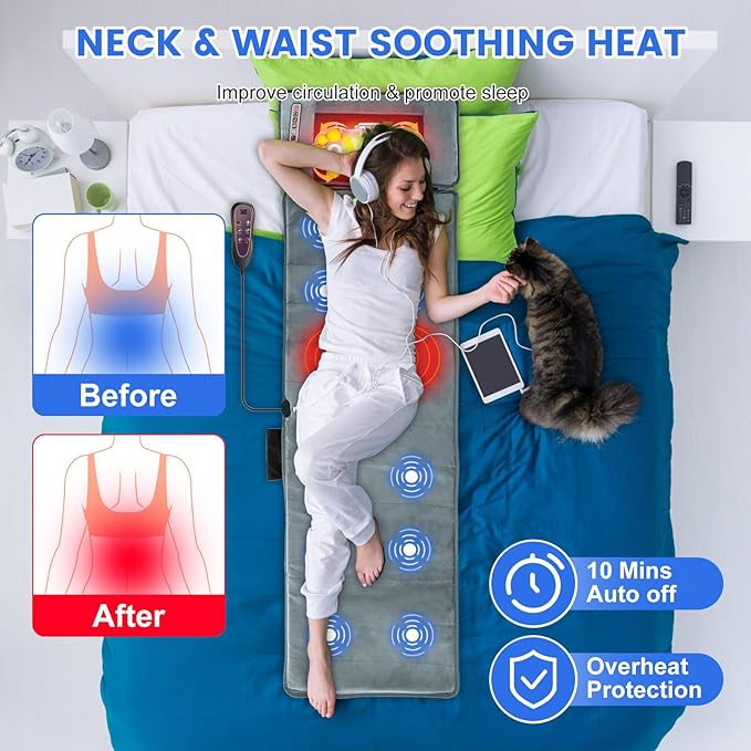 Full Body Massage Mat with Heat,Massage Mattress with Shiatsu Neck Massager & Movable Neck Back Massager Pillow,10 Vibrating Motors,9 Massaging Modes & Timer for Back Leg Pain Relief