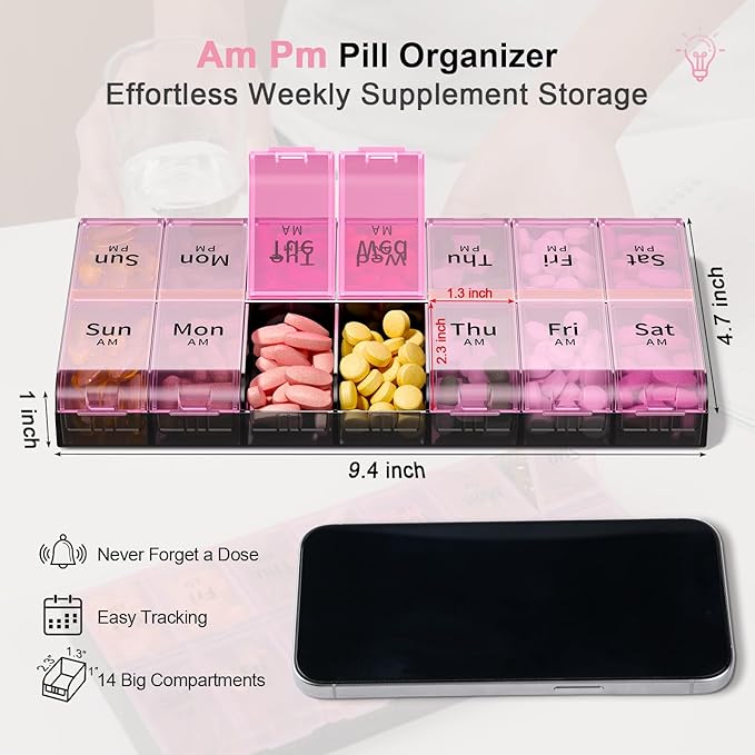 Daviky XL Large Weekly Pill Organizer 2 Times a Day, Extra Big 7 Day Pill Box AM PM, Daily Pill Case Medicine Organizer with 14 Compartments, Day Night Container for Fish Oils, Vitamin, Supplement