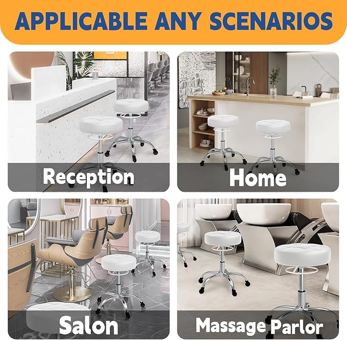 Rolling Stool Heavy Duty 400lb: Super Soft Seat Cushion,360° Swive,Height Adjustability,No Squeaky Noises,No Tip Over,New Upgraded Stool Salon stool Chair, Tattoo Facial Massage Spa Medical (White)