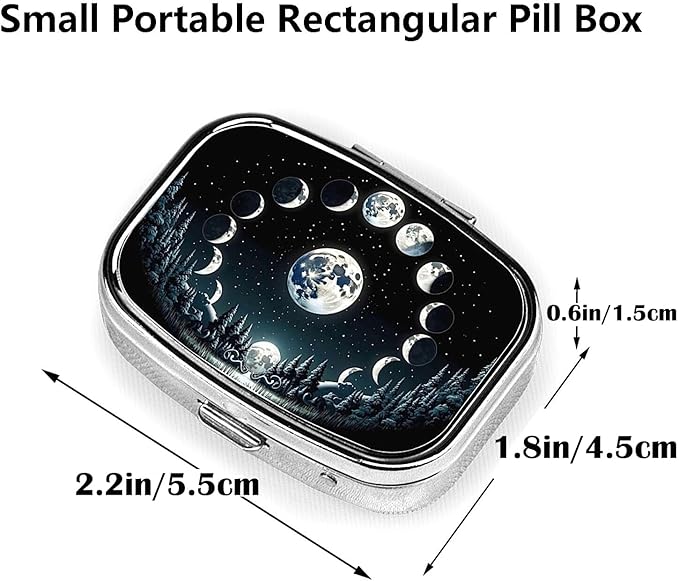 ABLESKY Pill Box, 2 Compartment Pill Organizer Case for Pocket or Purse, Small Portable Metal Travel Medicine Box with Mirror, Daily Vitamins Fish Oil Container-Black Moon Forest Phase