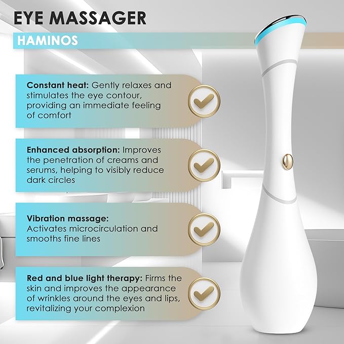 Eye Massager Wand with Heat, Vibration & Red/Blue Light, Ionic (Galvanic) Skincare Absorption, USB‑C Rechargeable with Charging Base, Helps Reduce the Look of Puffiness & Dark Circles