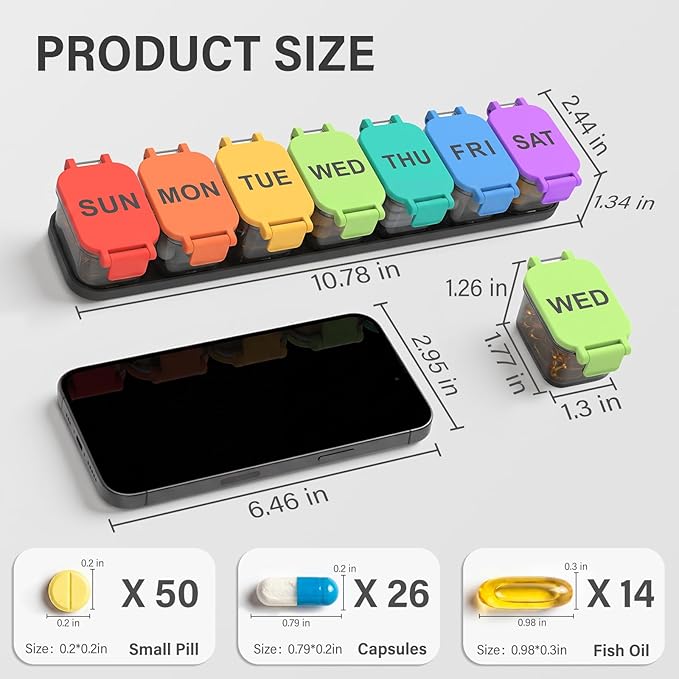 2-Pack Extra Large Weekly Pill Organizer - Waterproof 7-Day Pill Box, Portable Vitamin & Supplement Case, Easy to Open Design, Ideal for Travel and Daily Medication Management,Rainbow