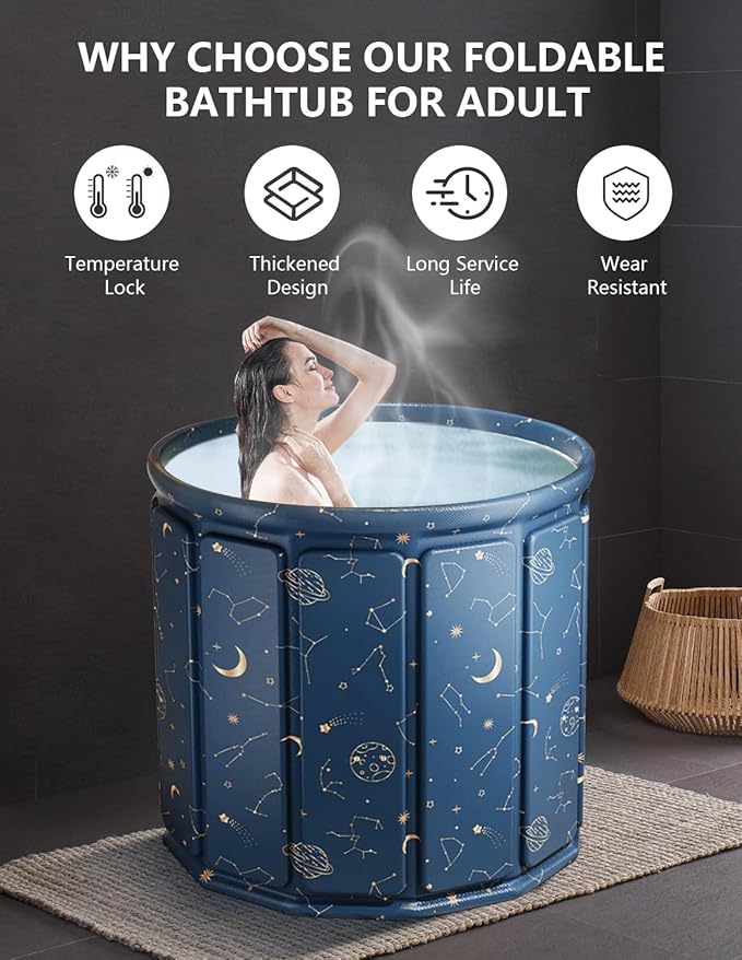 Portable Bathtub for Adults, Collapsible Freestanding Bathtub for Shower, Hot Ice Bath Tubs with Thickened Thermal Foam to Keep Temperature, PVC Outdoor Soaking Tub (Planet Blue)