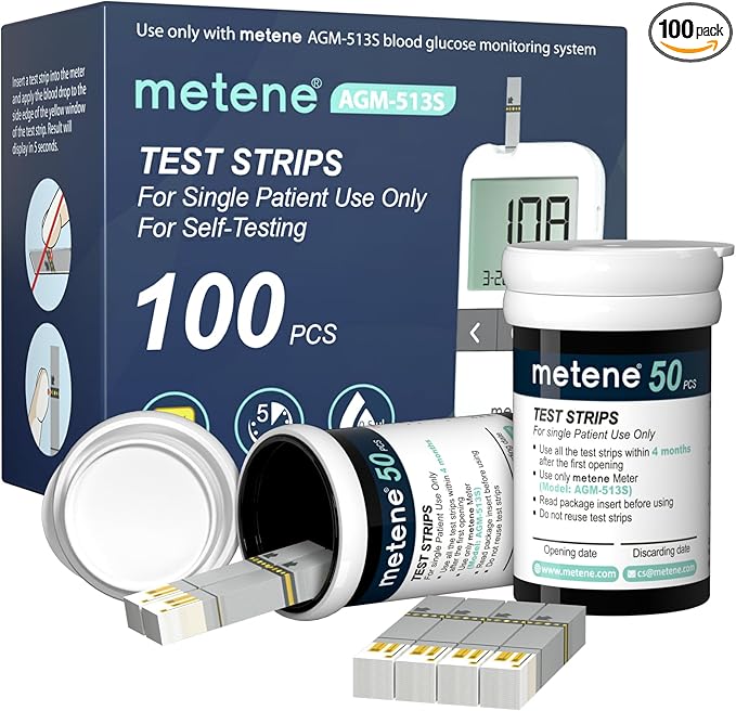 Metene AGM-513S Test Strips for Diabetes, 100 Count Blood Glucose Test Strips, Use with Metene AGM-513S Blood Glucose Monitoring System Only (No Monitor)