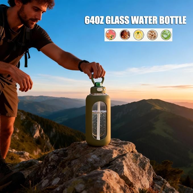 SIEROZUR 42 oz Glass Water Bottle with Straw and Handle Half Gallon Large Water Bottle with Silicone Sleeve and Time Marker Sports Water Jug Wide Mouth for Travel Gym