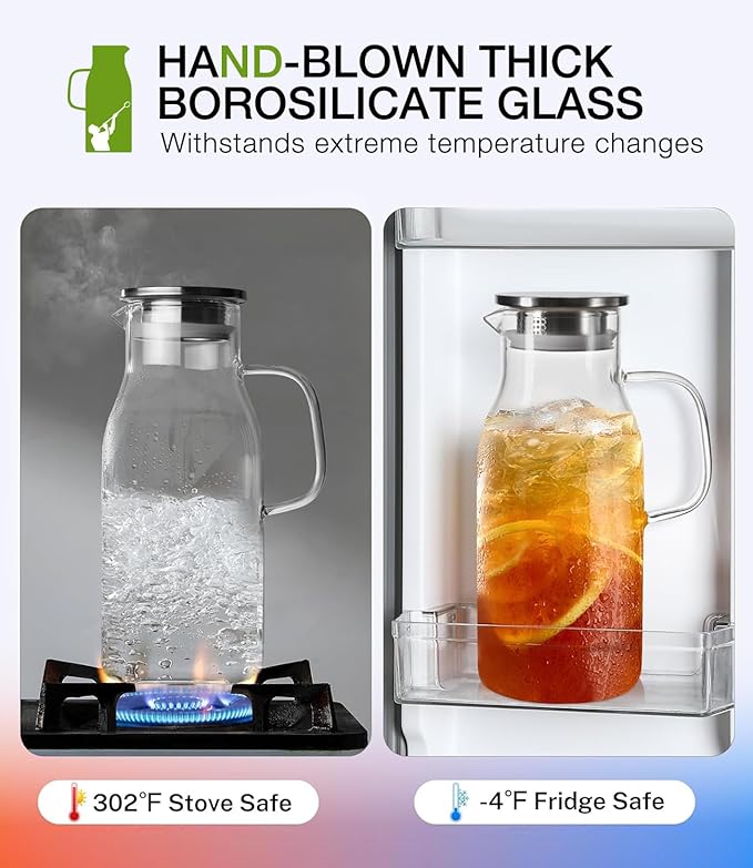 LUNA&MANTHA Glass Pitcher, 2 Liter 68oz Water Pitcher with Lid and Spout, Large Ice Tea Jug for Fridge, Thick Drink Jug with Handle for Juice, Coffee, Borosilicate Glass Carafe Hot/Cold Beverage
