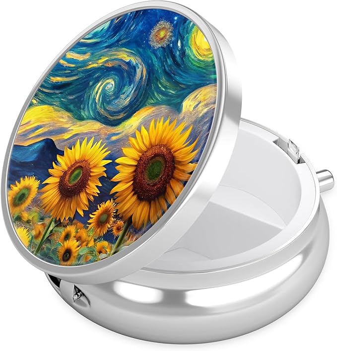 Starry Night Sunflower Pill Case, Flower Floral Pill Box 3 Compartments Metal Small Pill Holder with Mirror Mini Travel Pill Container for Purse Pocket Women Men