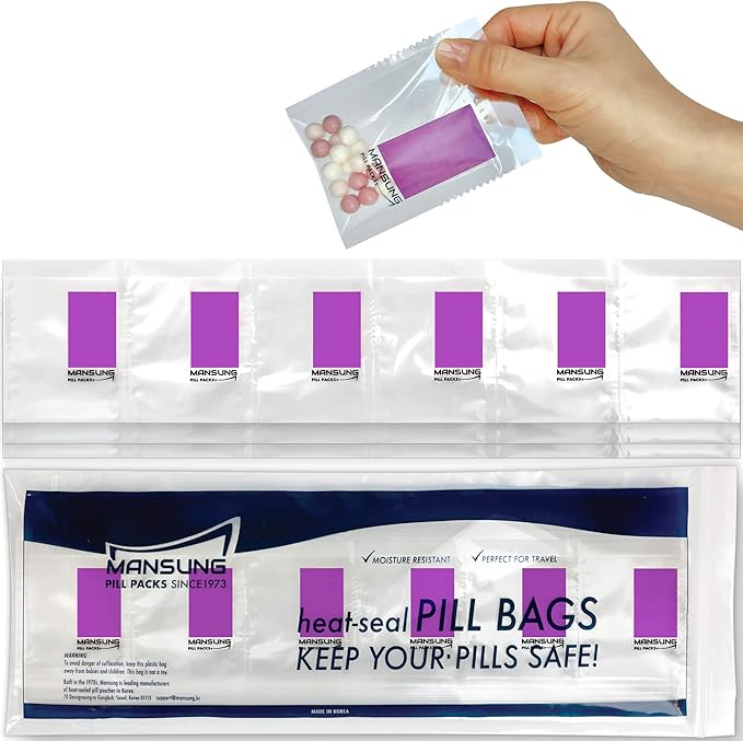 Mansung M 600 Bags/Purple, Heat Seal Pill Bags, Suite, Sorter Organizer for Medication, Food Safe, BPA Free Heat Seal Bag pouche Pack Organizer Dispenser kit Daily Blister Packs Use with Tray, AM PM