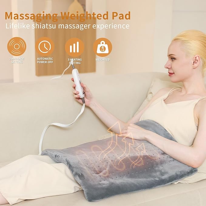 Massaging Weighted Heating Pad for Back Pain Relief,Heating Pads for Neck, Shoulder,Cramp,Portable Heated Pad with 3 Heat Settings & 6 Massage,18 Relaxing Combinations,Auto Off,12"*24",Light Grey