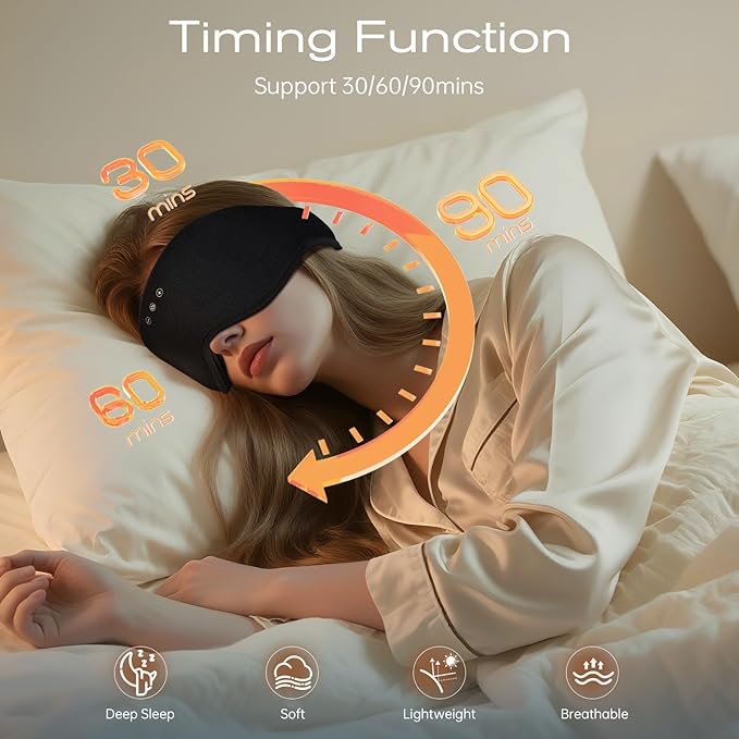 Bluetooth Sleep Headphones for Side Sleepers with Timming Setting, 100% Blackout 3D Contoured Eye Mask for Sleeping & Music Auto Shut Off, Breathable No Pressure for Side Sleeper Travel