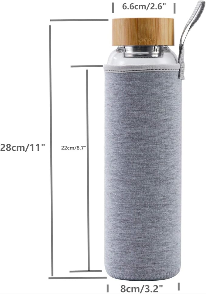 sunkey Glass Water Bottle 32 oz Wide Mouth with Sleeve Bamboo Lid Motivational Water Bottle With Time Marker Reusable Safe for Hot Cold Drinks Bpa Free (Gray)
