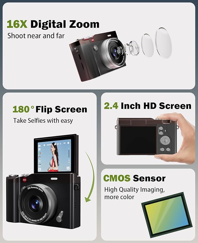 Kids Camera 64MP 1080P Digital Camera with Flip Screen 32GB SD Card Toys for Girls 3-12 Year Old Boys and Gifts