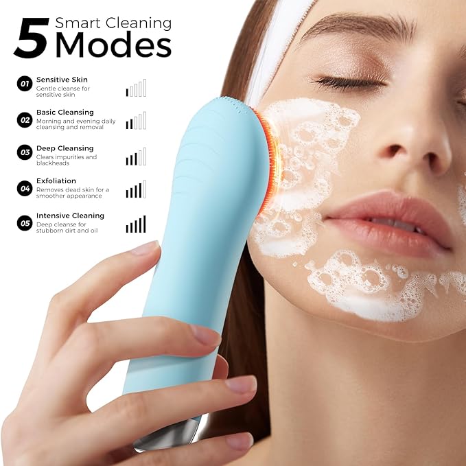 Face Scrubber Facial Cleansing Brush - Waterproof and Rechargeable Face Cleansing Brush with 4 LED Gentle Light, Cleansing, Exfoliating and Massaging, Electric Face Scrub Brush for Men & Women