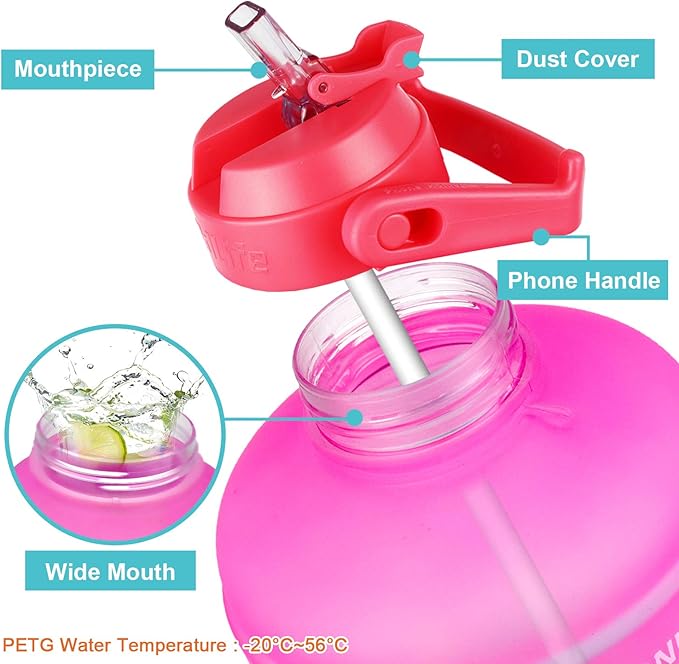 QuiFit 1 Gallon Water Bottle - with Straw & Motivational Time Marker Leak-Proof BPA Free Reusable Gym Sports Outdoor Large(128OZ/73OZ) Capacity Water Jug