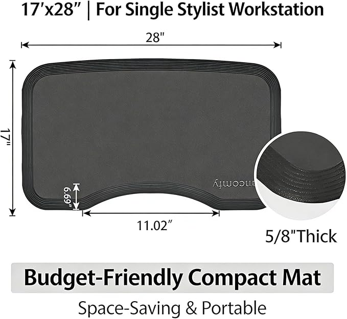 17''x28'' Small Anti Fatigue Salon Mat for Single Hair Stylist - Anti-Slip Antique Series Barber Shop Chair Floor Mat (5/8'' Thick, Black) - Compact & Budget-Friendly