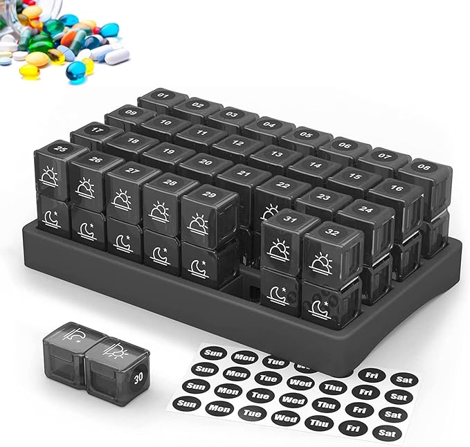 4 Weeks Pill Box Organizer, Monthly am pm Pill Holder, Travel Pill Container Large Capacity, Moisture Proof Medicine Caddy 32 Compartments, Easy Open & Fill Pill Dispenser, Arthritis Friendly
