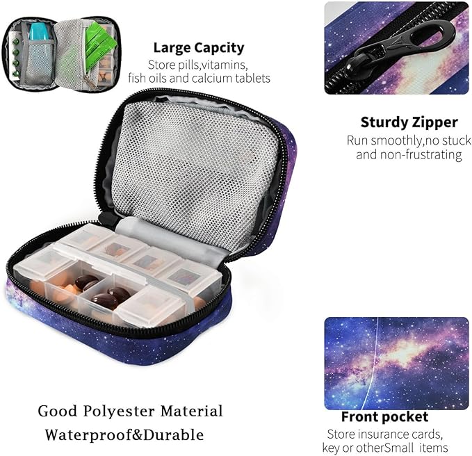 Fustylead Beautiful Universe Filled with Stars Nebula and Galaxy Pill Organizer and Storage Weekly with Zipper, Removable Pill Box Portable Medicine Organizer for Vitamin Fish Oil Supplement