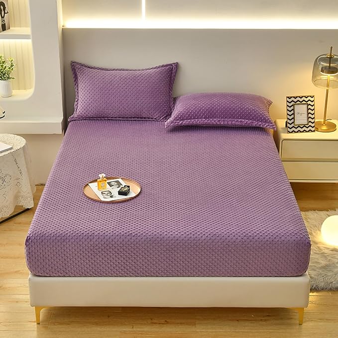 ZIQINPSQ Coral Velvet Fitted Sheet-Thickened Cold-Resistant and Warm Bed Sheets-Soft Velvet Fleece Fitted Sheets with-Elastic All Around. (Purple, Twin XL)