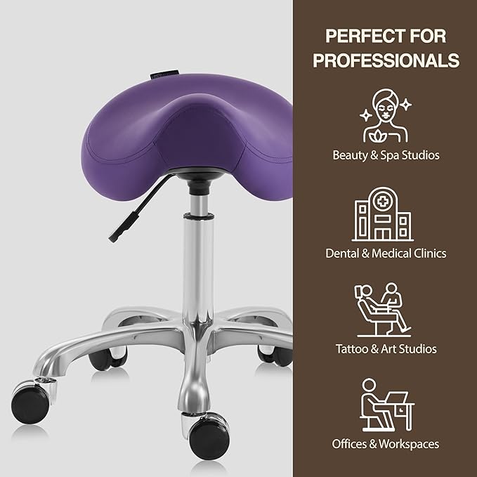 Haku 506 Series Ergonomic Saddle Stool, Adjustable Pneumatic Swivel Rolling Stool with Wheels for Salon, Medical, Spa, Tattoo, Home and Office, English Violet