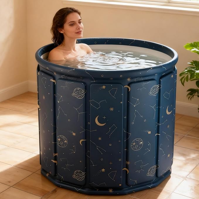 Portable Foldable Hot Cold Bath Tub, Large Portable Hot Cold Bath Tub for Home Outdoors Gyms, Collapsible Soaking Bath Tub for Shower (77Gal) (Blue Planet Insulation Set)