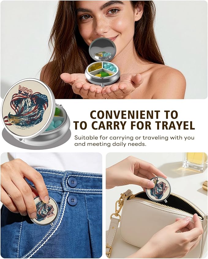 LRITER Pill Case, Portable Travel Pill Box, Pillbox Organizer, Cute Small Medicine Storage Container, Purse Accessories for Women, Men (Eagle)