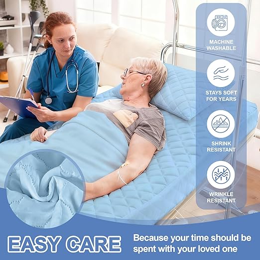 Lounsweer 3 Piece Hospital Bed Sheet Set, Blue Waterproof Bed Sheet Set, Incontinence Protection for Home and Hospital Use, Include 1 Fitted 36" x 80" x 12" 1 Flat and 1 Pillowcase