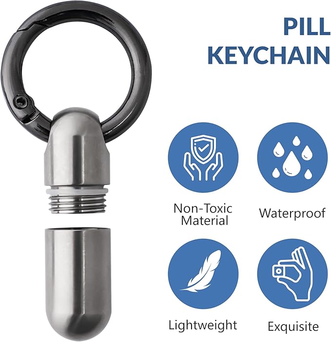 TISKY Small Keychain Pill Holder Titanium,Waterproof Tiny Pill Container with Keyring,Mini Portable Pill Case for Travel,Pill Organizer for Purse Pocket(Silver)
