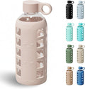 purifyou 40oz / 32oz / 22oz / 12oz Borosilicate Glass Water Bottle with Time & Volume Markers, Silicone Sleeve, Stainless Steel Lid | Reusable Glass Bottle for Water & Juice (22oz Hazelnut)