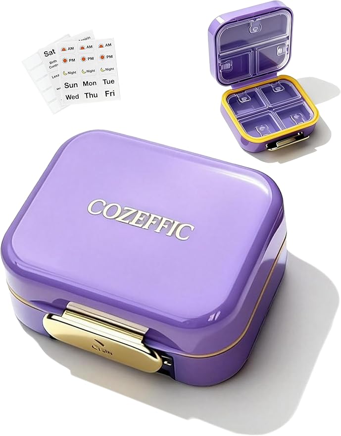 Small Pill Case Travel Pill Box with 7 Compartments for Purse - Compact Pill Organizer for Medicine Vitamin - Portable Container for Fish Oil & Supplements - Lavender