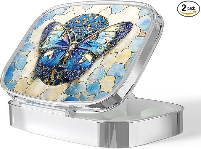 Pill Box-2 Compartment Small Pill Case Portable for Pocket & Purse Single Pill Carrier Pill Container to Hold Vitamins Medication Fish Oil and Supplements BPA-Free(Blue Butterfly)