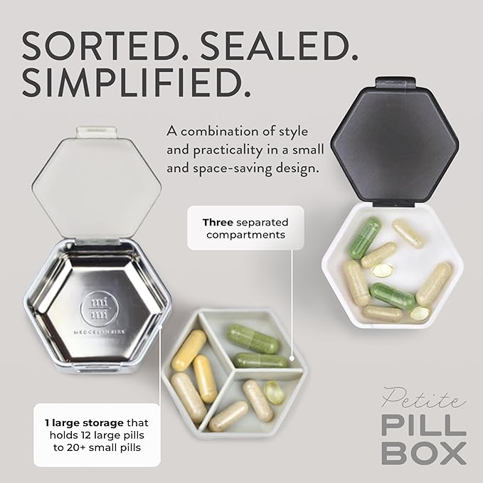 Petite Pill Box Set - Stylish Compact Daily Pill Organizer, Medication Pill Case, Pill Container for Vitamin Management, Travel Essentials for Women/Men - Set of 2, Blanc & Platinum