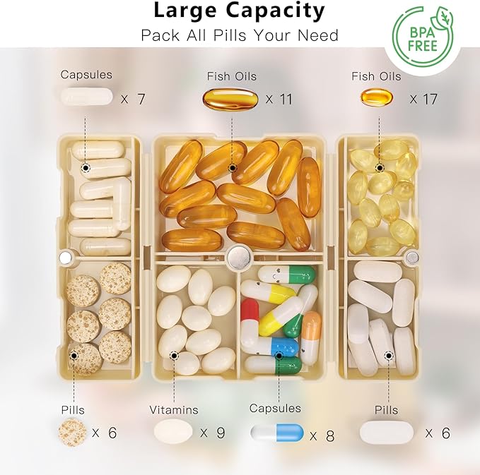 FYY Daily Pill Organizer, 7 Compartments Portable Pill Case Travel Pill Organizer,[Folding Design] Pill Box for Purse Pocket to Hold Vitamins,Cod Liver Oil,Supplements and Medication-White