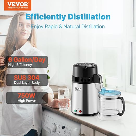 VEVOR Water Distiller, 4L/1.1 Gallon Pure Water Purifier Filter for Home Countertop, 750W Distilled Water Maker, Stainless Steel Interior Distiller Water Making Machine to Make Clean Water, Silver