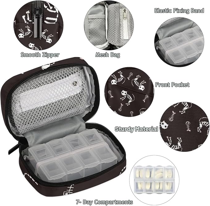 Halloween Skull Art Daily Pill Organizer Travel Medicine Container Holder Bag Small Weekly Pills Case Box 7 Day for Vitamin Supplement Medication