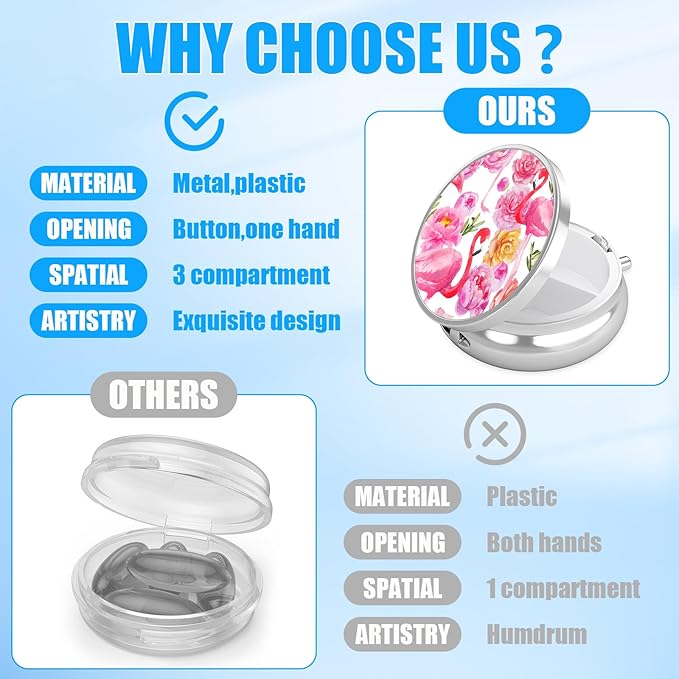 Watercolor Flamingo Rose Pill Case, Pill Box 3 Compartments Metal Small Pill Holder with Mirror Mini Travel Pill Container for Purse Pocket Women Men