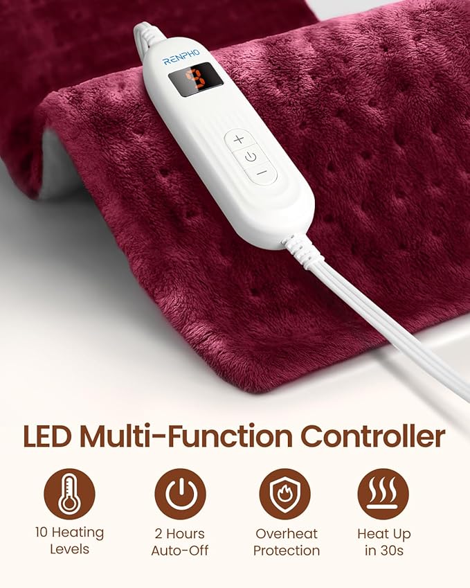 RENPHO XL Electric Heating Pads, King Size Heating Pad for Back Pain & Cramps Relief, FSA Eligible HSA Store, Mothers Day Gifts for Mom Wife, ETL Certified, Auto Shut Off, 12" x 24" Red