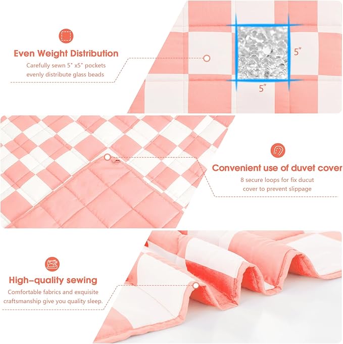 Pink Checkered Weighted Blanket for Adults 20lbs, 88"x104" King Size, Cooling Heavy Blanket for 130-220lbs with Premium Glass Beads, Soft Thick Big Blankets for All-Season Sleeping Comfort Breathable