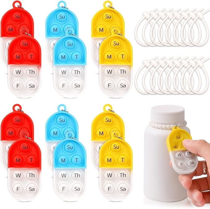 12 Pack Medication Pill Tracker Pill Reminder with Ties Reusable Daily Pill Tracker Portable Pill Bottle Tracker with Button 7 Day Memory Aid Medication Dose for Bottles The Elderly (12)