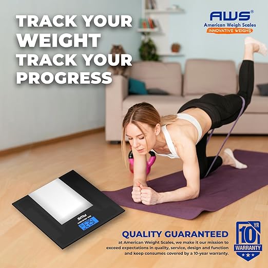 AWS Digital Bathroom Scale 400 lb Capacity | Clear Tempered Glass Body Weight Scale with Large Display | Low-Profile Modern Design, High Accuracy & Step-On Technology