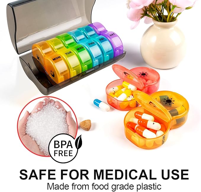 Weekly Pill Organizer 2 Time a Day，Pill Dispensers， Pill Box 7 Day with One-Side Large Opening Design for Easy Filling ，2 Times a Day AM/PM Pill Case, for Vitamins/Fish Oils (Black Color)