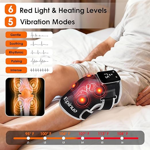 Red Light Therapy for Knee,with 5 Vibration Massage, Cordless Rechargeable 5000mAh Heated Knee Massager for Pain Relief, Gifts for Women Men, 660nm&850nm Near Infrared Light Brace