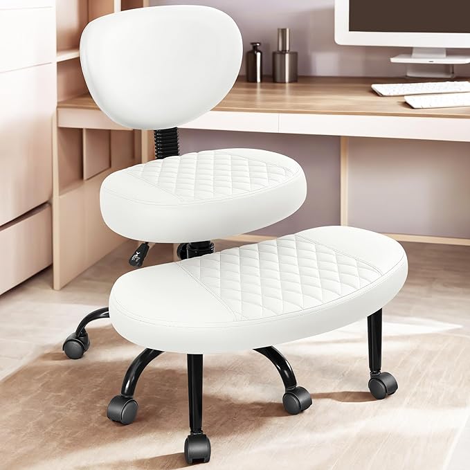 Ergonomic Cross Legged Office Chair with Wheels - Adjustable Height for Meditation, ADHD Desk & Yoga - Wide Criss Cross Design with Lumbar Support, Kneeling Chair - Off White