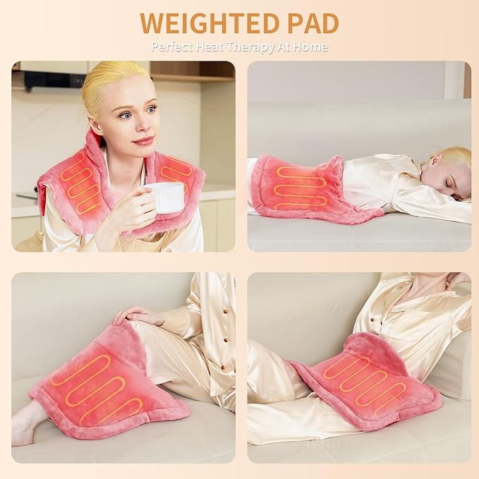 Heating Pad for Neck and Shoulders and Back Pain Relief, Weighted Heat Pad with Dry&Moist Heat, Neck Heating Pads 4 Heat Settings, Auto-Off, Christmas Gifts for Women Men Mom Dad, 19'' x 22'', Pink