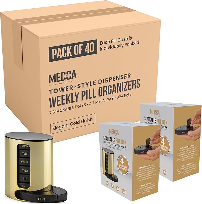 Daily Pill Organizer - (4 Times a Day) Stackable Medication Reminder - Premium Weekly AM/PM Pill Box with 7 Daily Stackable Trays and Medicine Organizer for Vitamins and Supplements, Gold, Case of 40