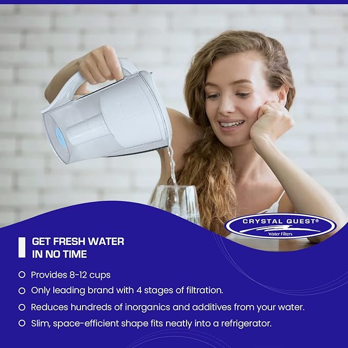 Crystal Quest Water Filter Pitcher- 12-Cup Capacity, Includes 1 Long-Life Filter, BPA Free, Meets NSF Standard 42 - Filters up to 2,000 Gallons – Alkalizing/White