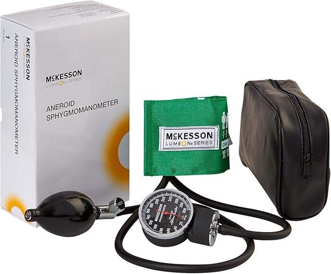 McKesson LUMEON Deluxe Aneroid Sphygmomanometer, Blood Pressure with Cuff, Pocket Size, Green, Child Small, 1 Count