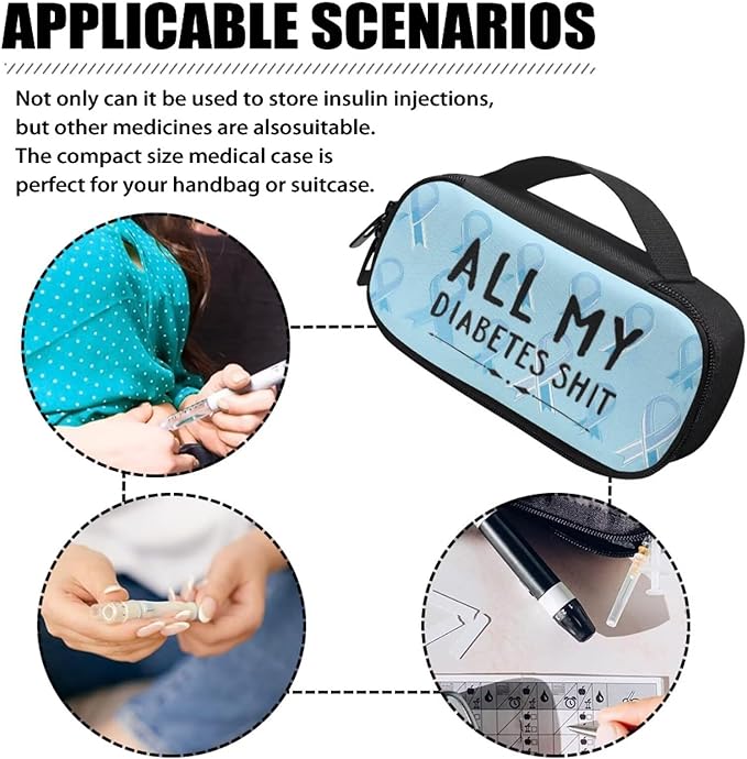 Rnyleeg All My Diabetes Shit Insulin Cooler Travel Case Blue Ribbon Insulin Bag for Diabetes Portable Medicine Travel Case for Insulin Pen