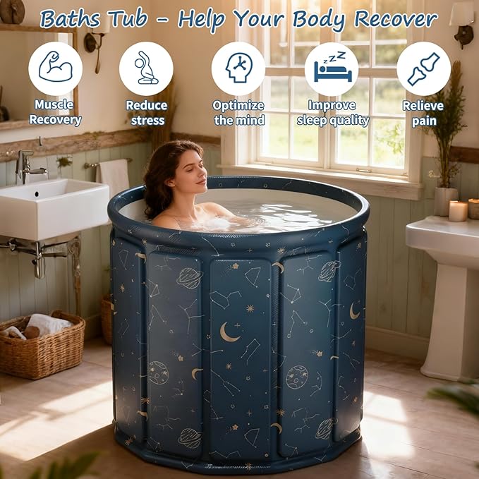 Portable Foldable Hot Cold Bath Tub, Large Portable Hot Cold Bath Tub for Home Outdoors Gyms, Collapsible Soaking Bath Tub for Shower (77Gal) (Blue Planet Insulation Set)