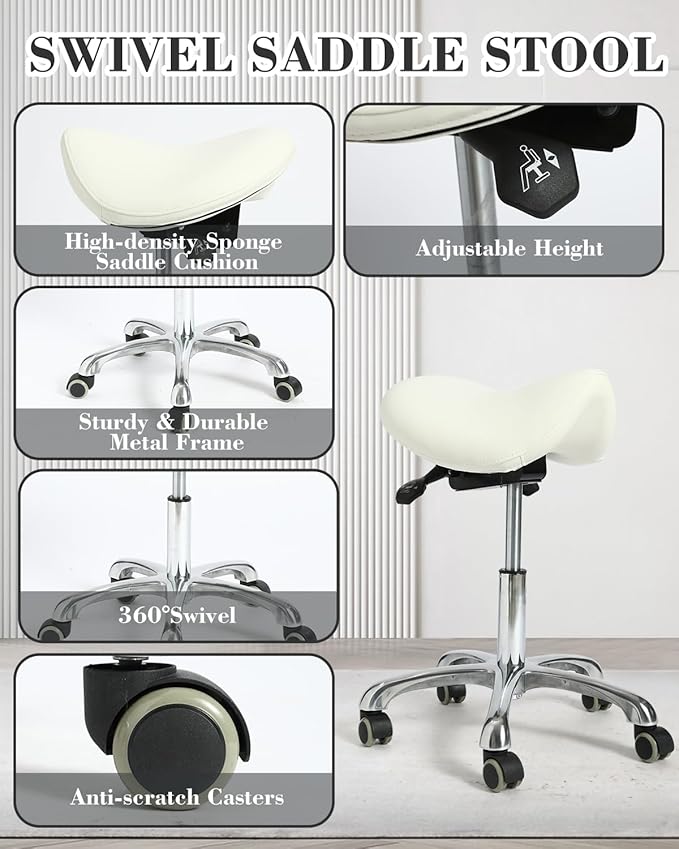 Conforms to ergonomics, with a Saddle Stool That can be Tilted and a Rotating Stool with Hydraulic Lifting Height Adjustment, Suitable for Office, White